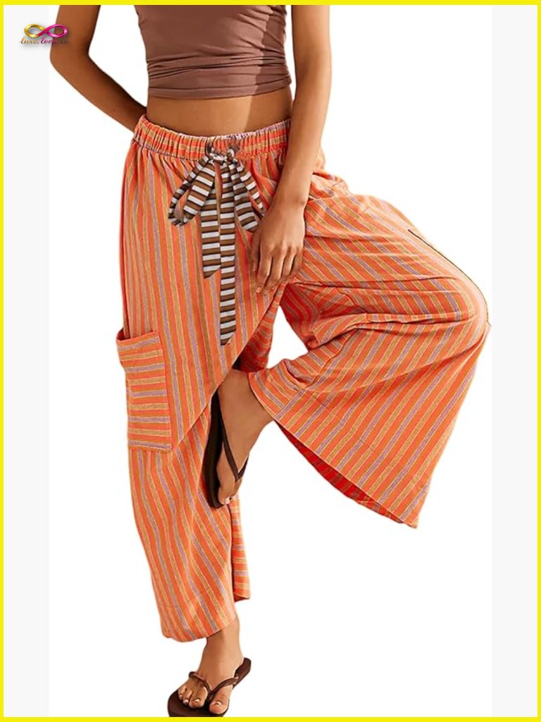 Wide Leg Striped Palazzo Pants Drawstring Lounge Trousers With Pockets